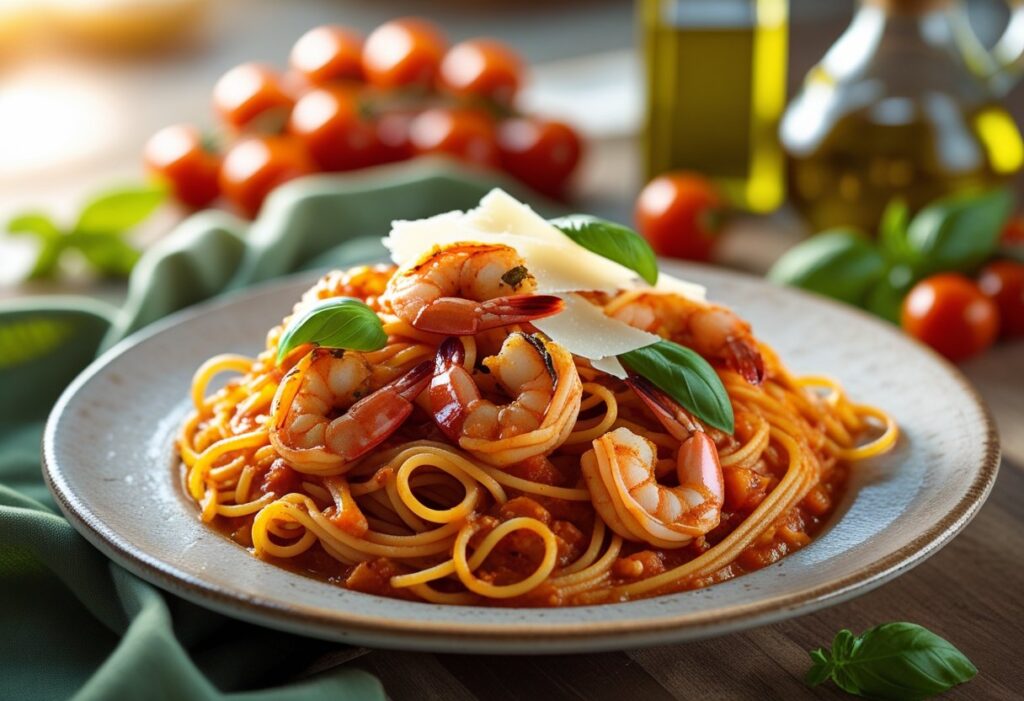 Tomato Prawn Pasta Prawn Arrabbiata Recipe with spicy tomato sauce, fresh basil, and Parmesan garnish, served on a rustic plate with chili flakes