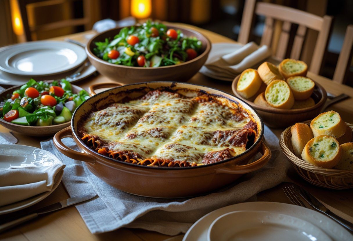 Traditional beef lasagna with ricotta cheese served as a family dinner meal, classic Italian comfort food with rich layers and cheesy topping.