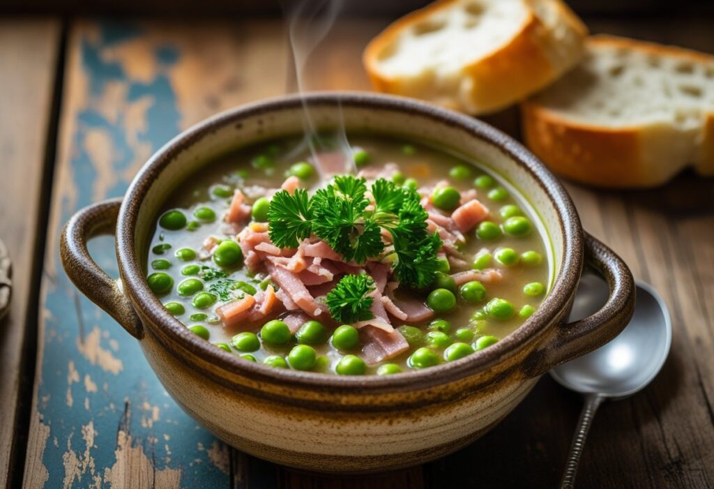 “Ultimate pea and ham hough soup recipe – creamy split pea soup with shredded smoked ham, fresh parsley, and crusty bread, family favorite comfort meal.