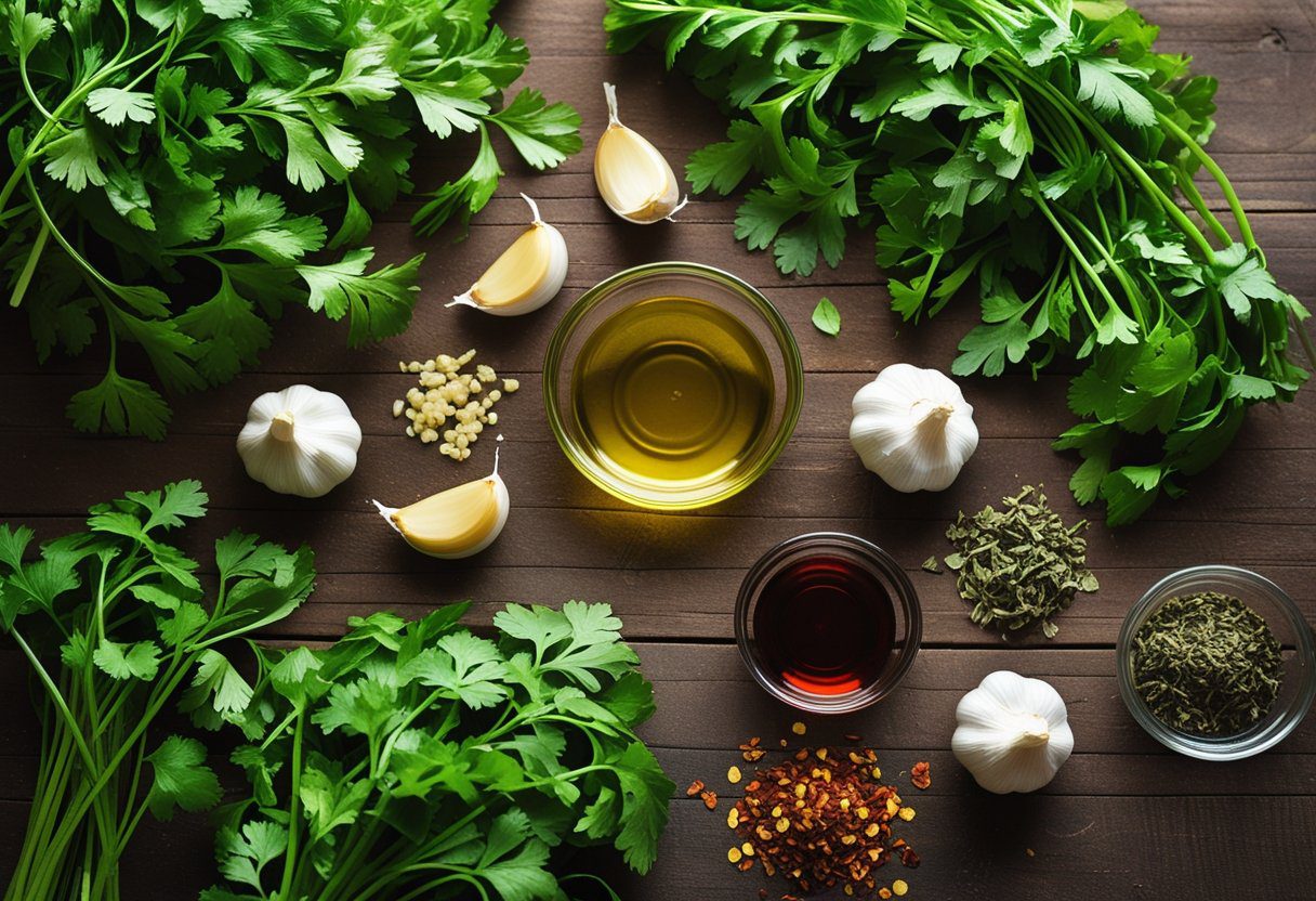 fresh chimichurri sauce showing finely chopped cilantro and parsley with olive oil and garlic