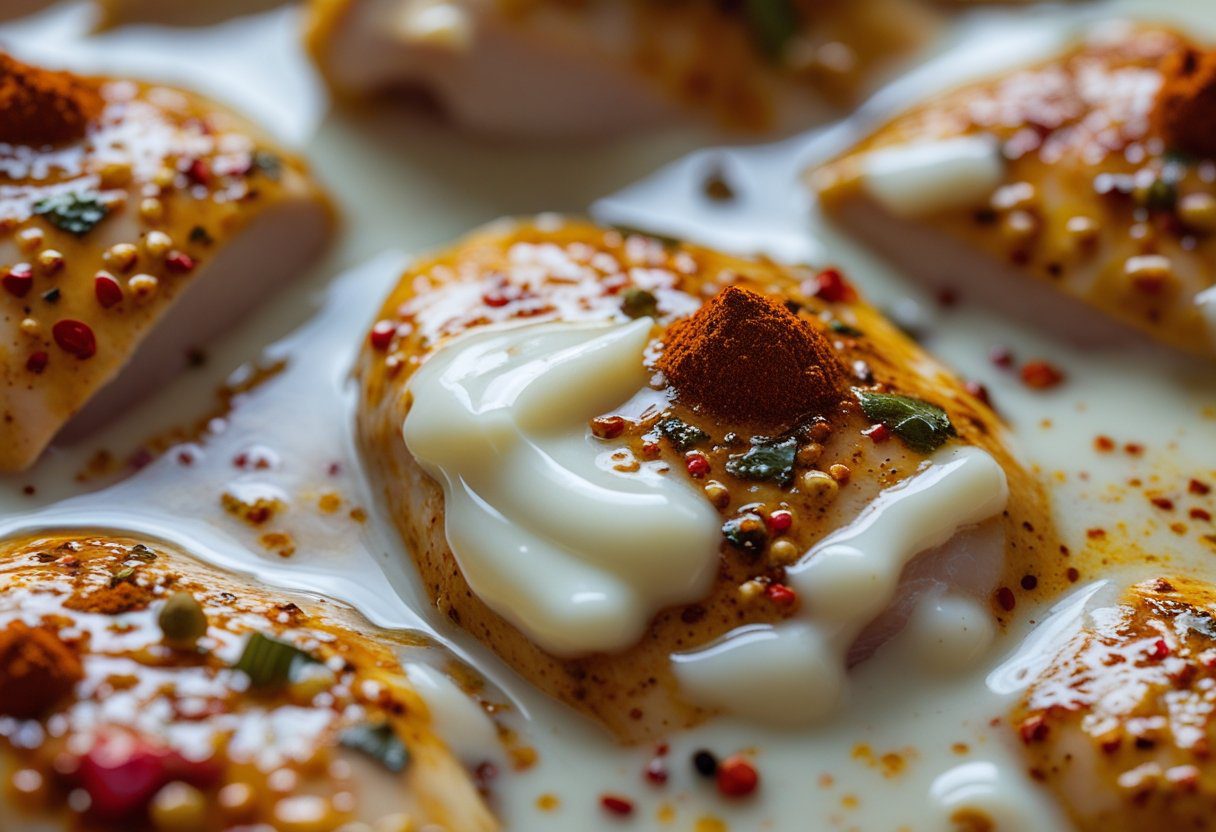 restaurant style chicken tikka marinade showing thick hung yogurt chili powder and spice coating