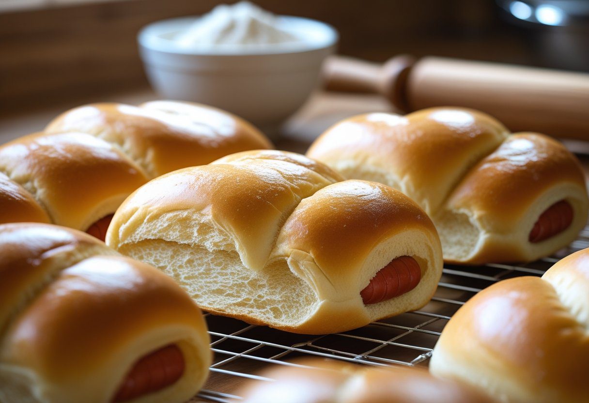 Freshly baked golden soft hot dog buns on a cooling rack, homemade bakery-style buns with light fluffy texture, perfect for quick hot dog bun easy recipe.