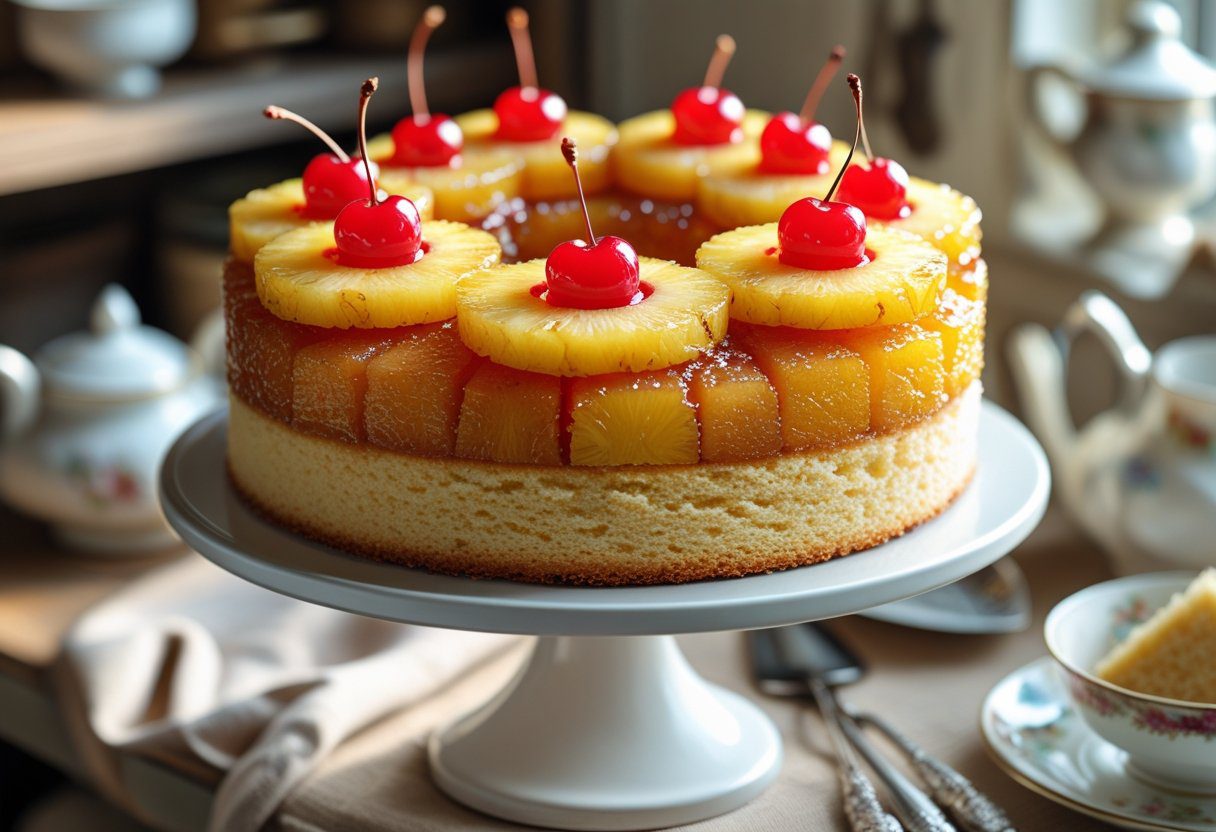 Mary Berry pineapple upside down cake easy recipe with caramelised pineapple rings and cherries on a cake stand, moist sponge and classic British dessert presentation