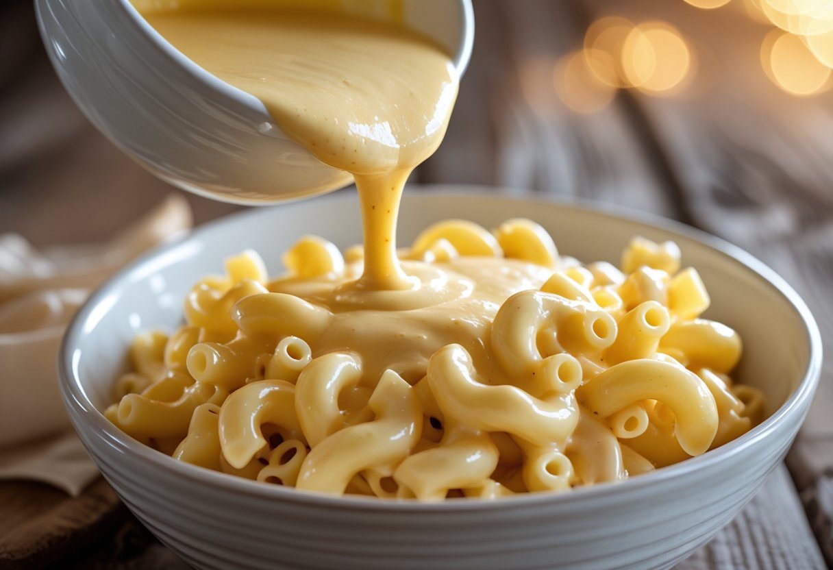 cheese sauce being poured over freshly cooked macaroni