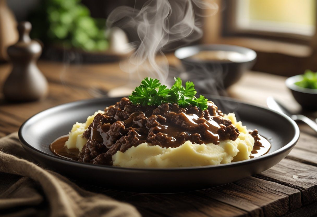 Easy Scottish mince and tatties quick recipe served with rich beef gravy over creamy mashed tatties, a classic Scottish comfort food meal