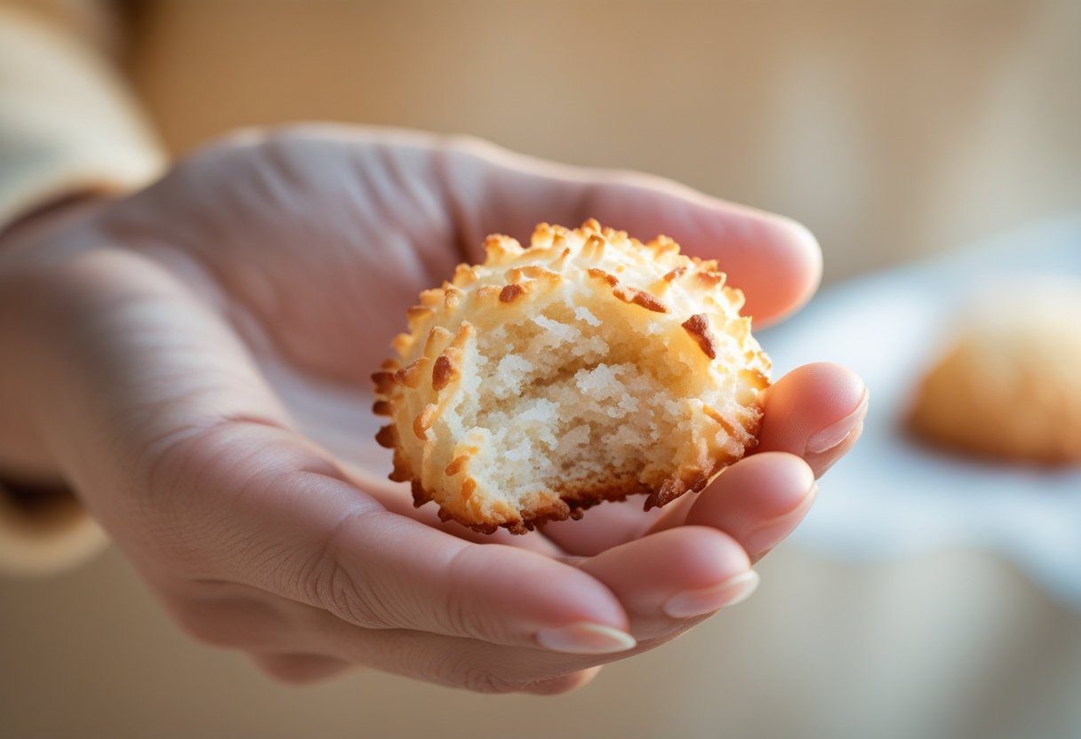 A delicious bite of Mary Berry’s coconut macaroon, showcasing the soft, chewy interior with a perfectly crispy golden exterior for a delectable treat.