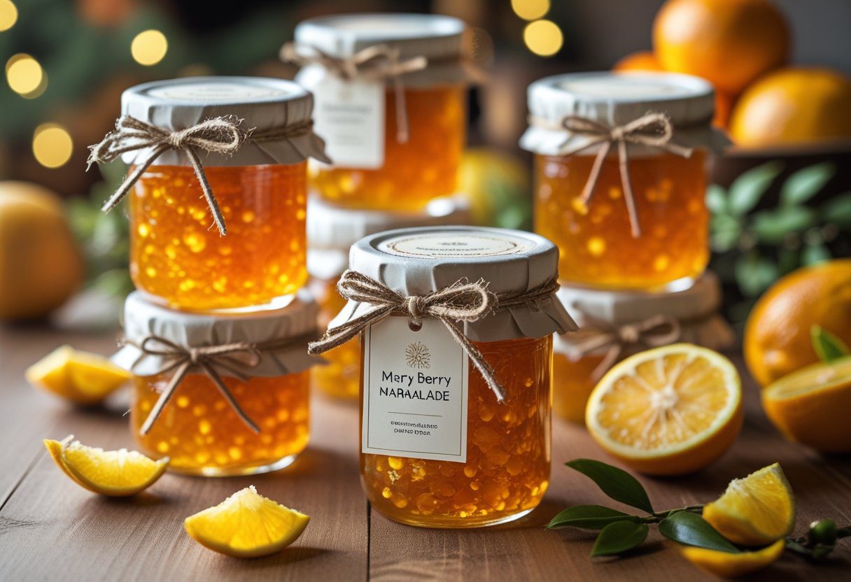 Assorted jars of homemade Mary Berry marmalade, ready for gifting, with Seville oranges and lemons for a colorful, classic preserve presentation.