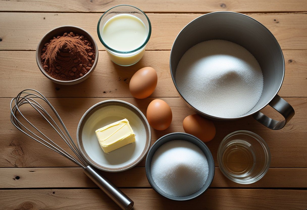 Baking ingredients arranged for Easy Mary Berry chocolate cake including cocoa, butter, eggs, and flour for a simple step-by-step recipe