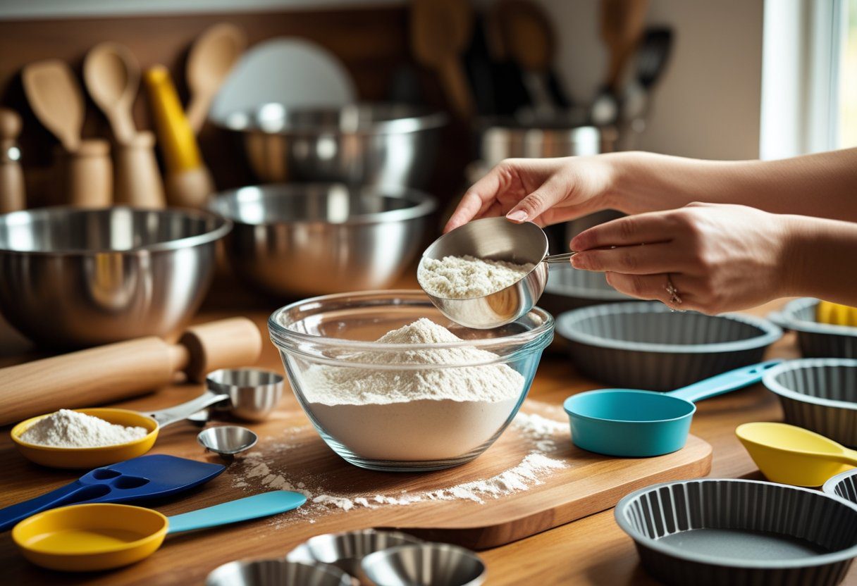 Beginner baker measuring flour using essential home baking tools such as mixing bowls, kitchen scale, spatula, and muffin pan in a cozy home kitchen setting.