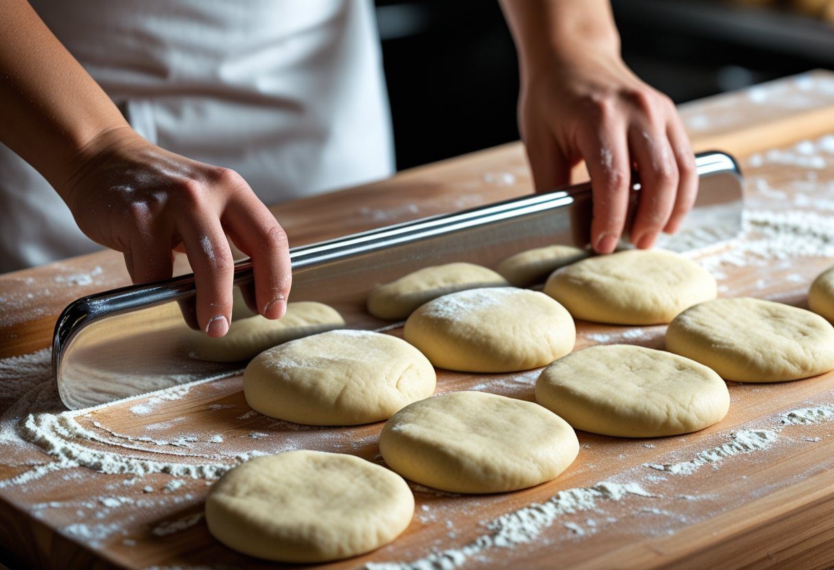 Bench scraper dividing dough into even portions, showing dividing dough with a scraper, how to cut dough evenly, and dough portioning guide for beginner bakers