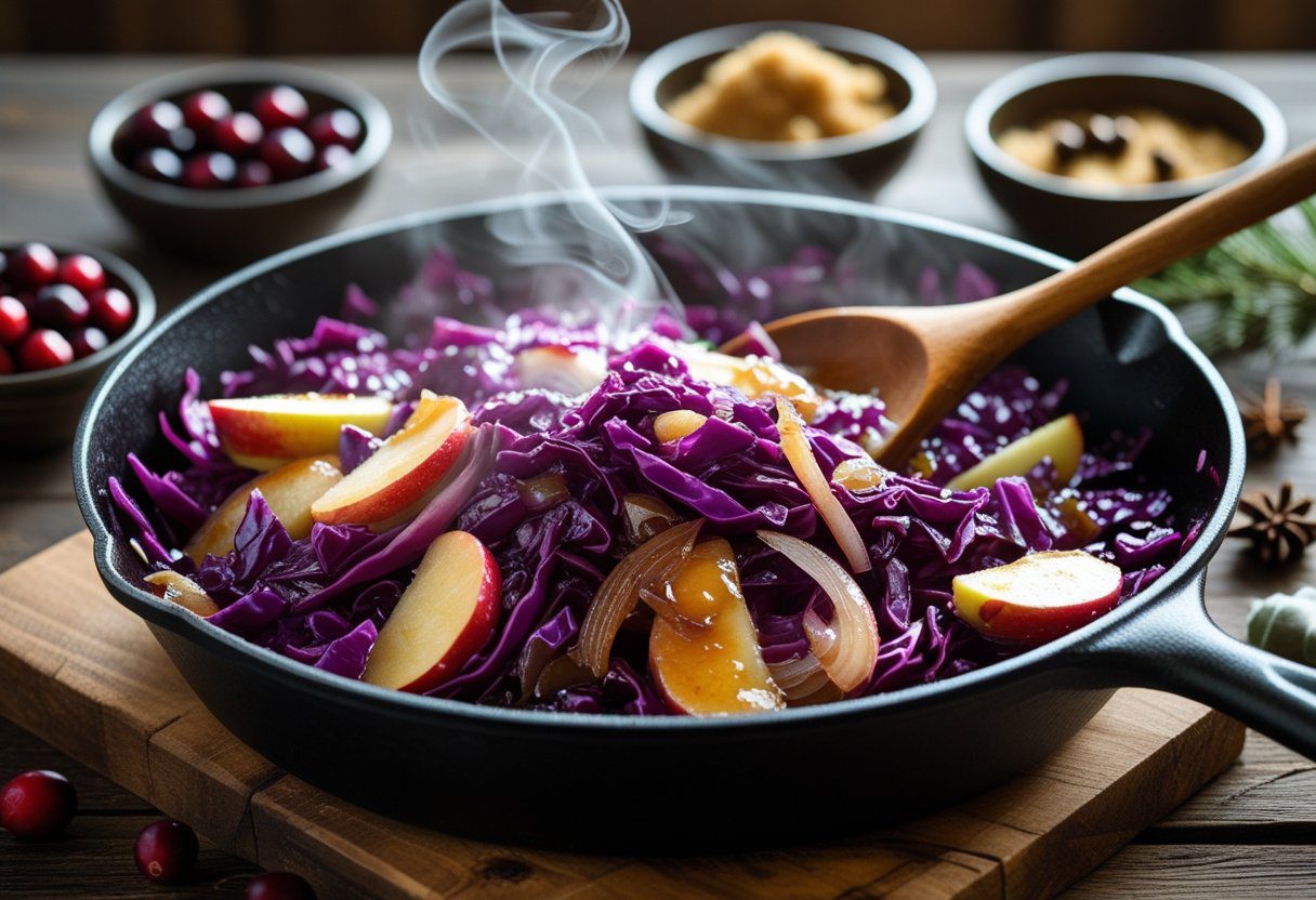 Braised red cabbage with apples and onions cooking in a skillet for Mary Berry Christmas Red Cabbage Easy Recipe, showing easy step-by-step preparation