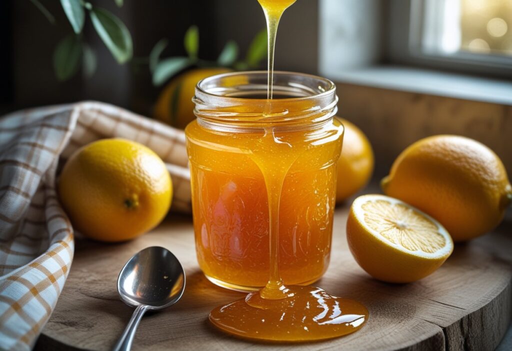 Bright jar of homemade Mary Berry marmalade with Seville oranges and lemons on a rustic wooden table, showcasing classic citrus preserve for breakfast and baking.