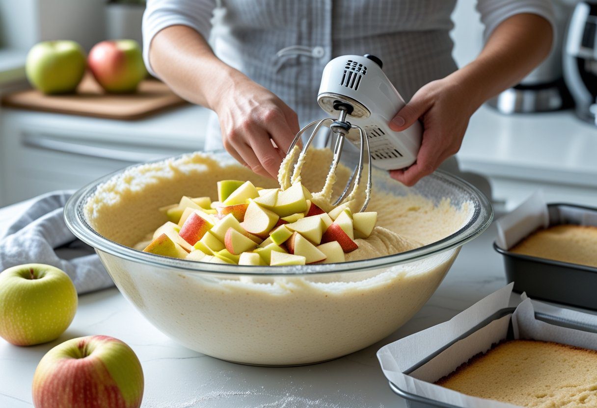 Chopped apples being gently folded into light traybake batter in a mixing bowl, ready for baking Mary Berry Apple Traybake, with parchment-lined traybake tin visible.