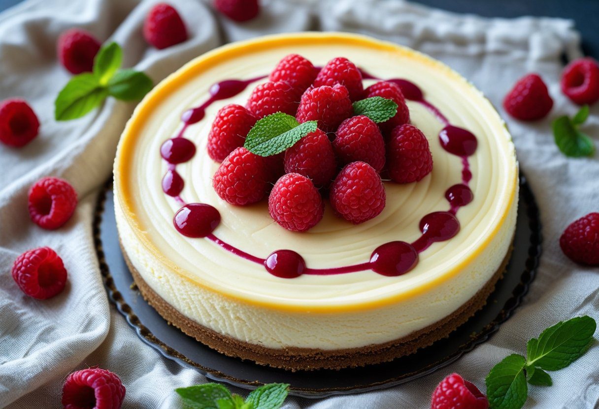Classic British raspberry cheesecake recipe topped with fresh raspberries and raspberry coulis, featuring an evenly baked creamy center and golden biscuit base.
