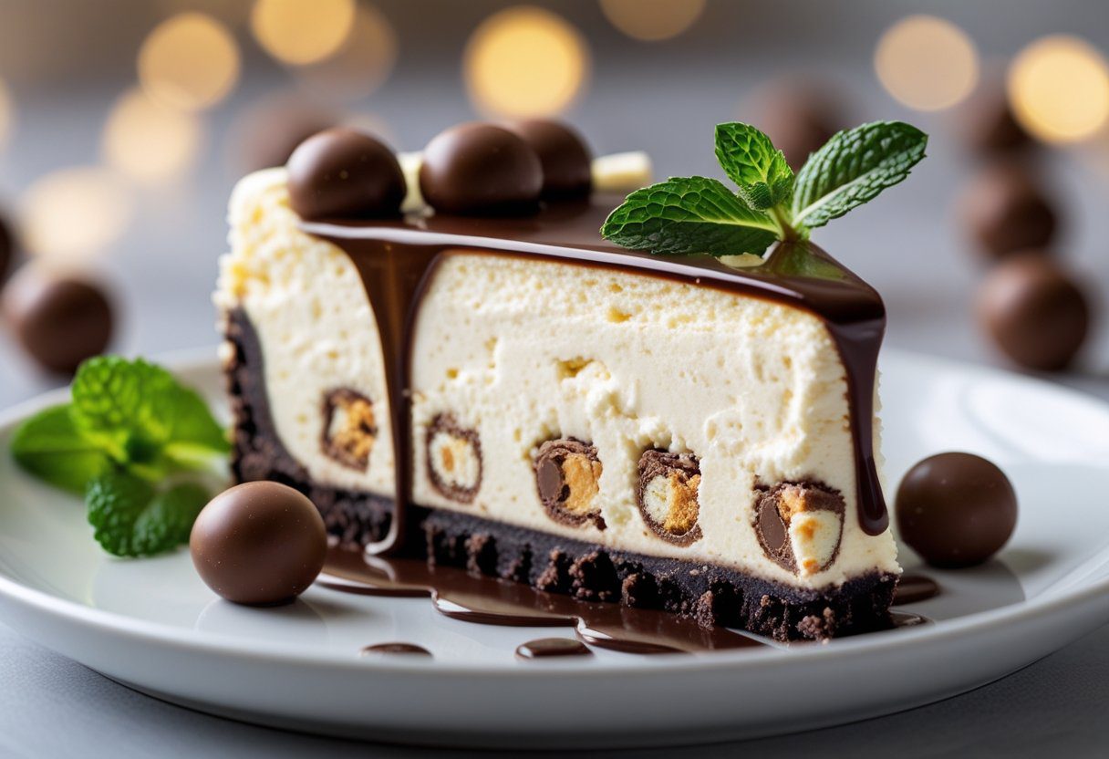 Close-up of a slice of Mary Berry Malteser Cheesecake easy recipe, showing creamy no-bake chocolate filling with crunchy Maltesers, drizzled with chocolate sauce, garnished with mint, on a white plate