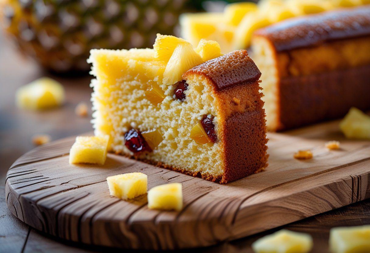 Close-up of moist pineapple fruit cake slice with soft crumb, crushed pineapple pieces, and mixed dried fruit