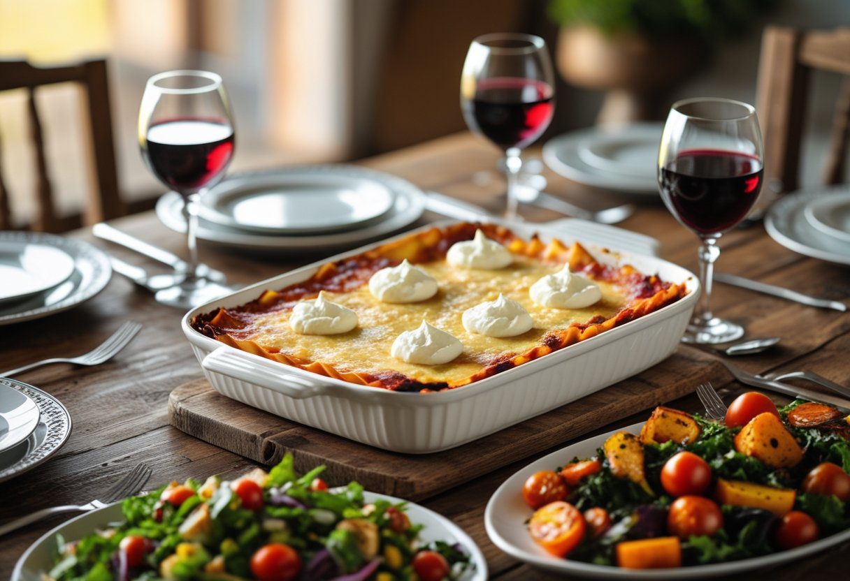 Family dinner with Mary Berry Easy Lasagne with Crème Fraîche as centerpiece, layered creamy lasagne topped with melted cheese, served with salad and roasted vegetables, cozy comfort food setting
