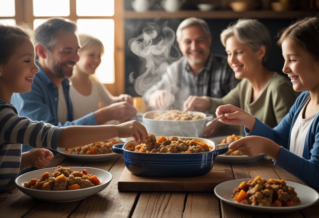 Family enjoying Mary Berry Sausage & Red Pepper Casserole with rich tomato and red pepper sauce – easy, comforting British casserole recipe perfect for home-cooked dinners