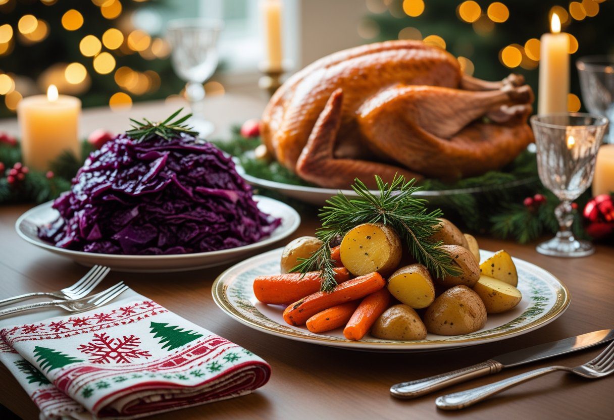 Festive Christmas dinner table featuring Mary Berry Christmas Red Cabbage Easy Recipe alongside roast turkey and roasted vegetables