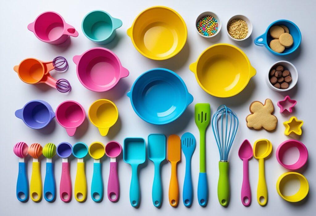 Flat lay of colorful beginner baking tools for kids including child-friendly measuring cups, kid-sized utensils, and baking accessories for kids arranged neatly