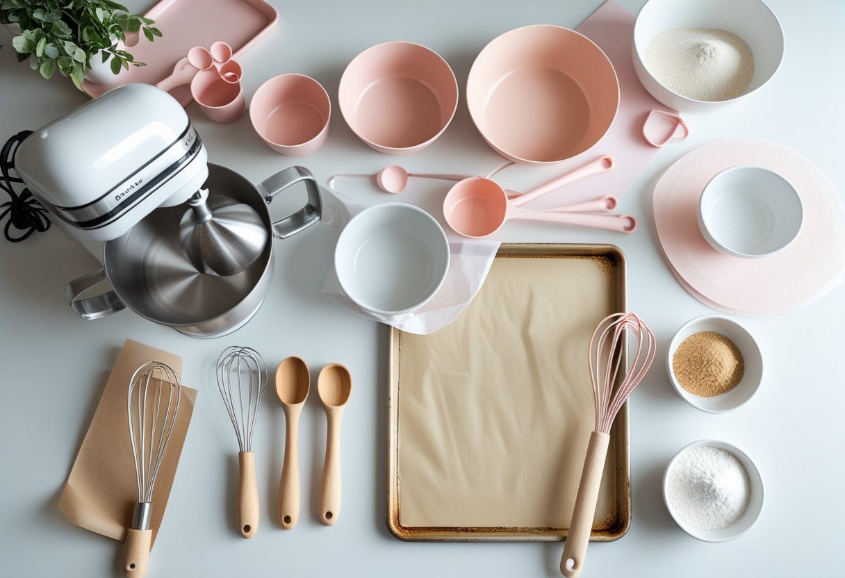 Flat lay of the best baking tools for beginners at home, including hand mixer, silicone spatulas, measuring cups, mixing bowls, and cookie sheet arranged neatly on a bright kitchen counter.