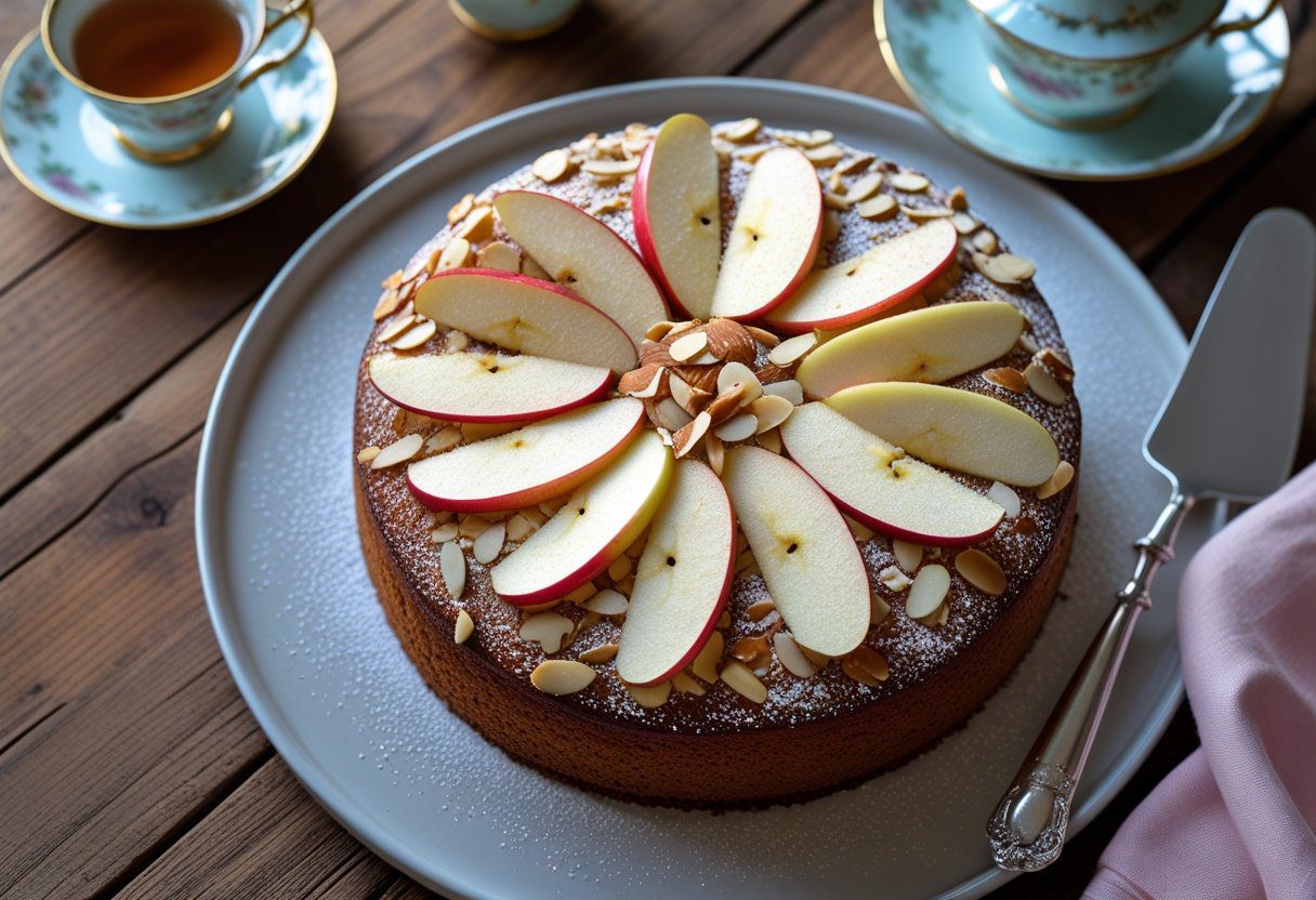 Freshly baked Mary Berry Apple and Almond Cake with flaked almonds topping and sliced apples, perfect homemade dessert recipe for afternoon tea or celebrations.