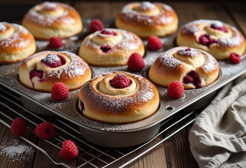 “Freshly baked Mary Berry Raspberry Buns with golden tops and juicy raspberries, soft fluffy texture, styled on rustic table, classic British bake recipe