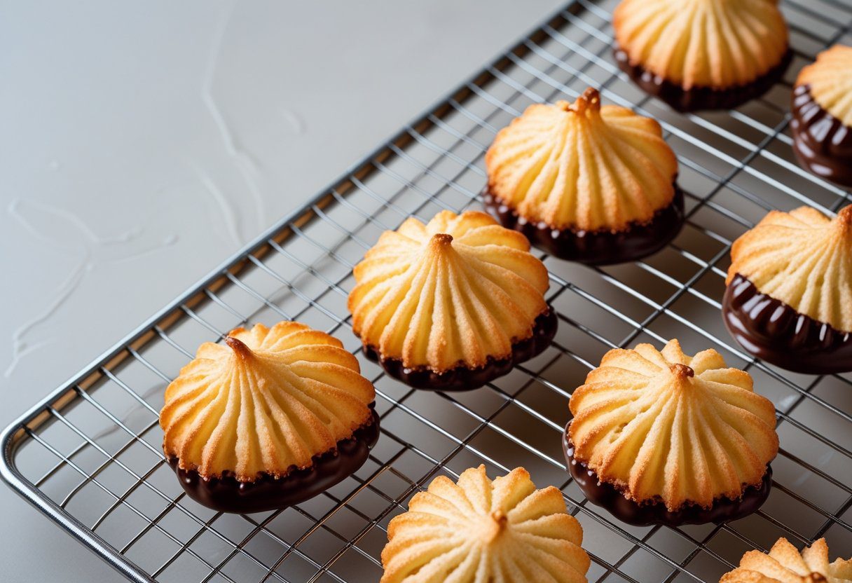 Freshly baked coconut macaroons cooling on a wire rack, with some dipped in chocolate, offering a crisp golden texture and a delicious homemade look.