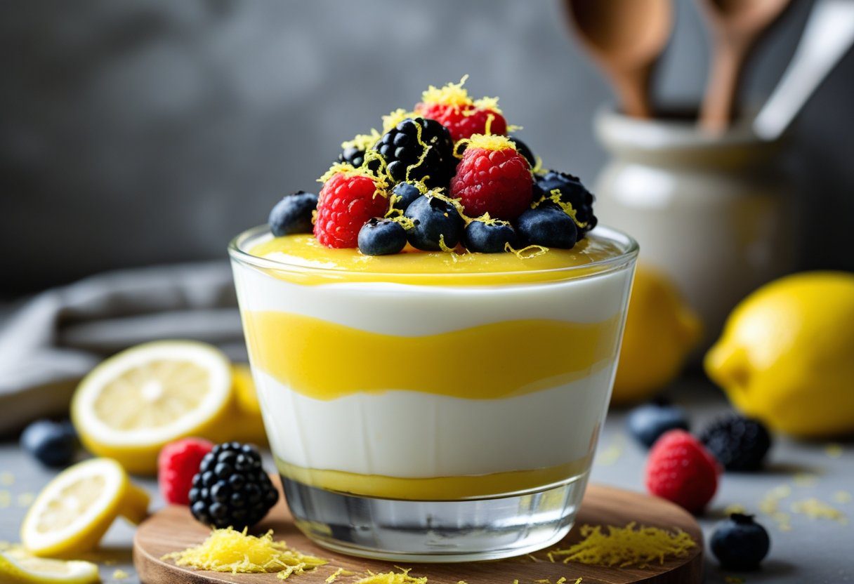 Glass dessert bowl layered with yogurt and bright yellow Mary Berry lemon curd, topped with fresh berries and lemon zest, highlighting creamy texture