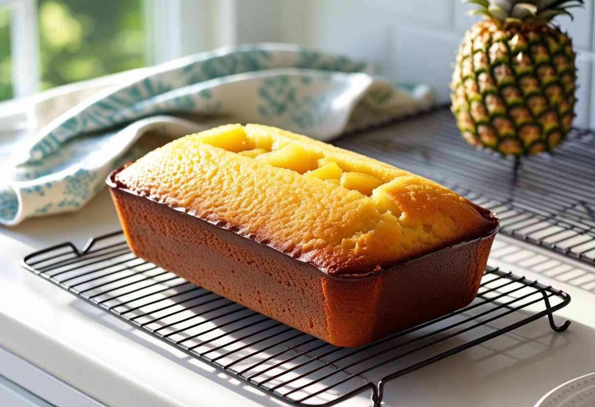 Golden baked pineapple fruit loaf cake cooling on a wire rack, showing classic Mary Berry style fruit cake texture.