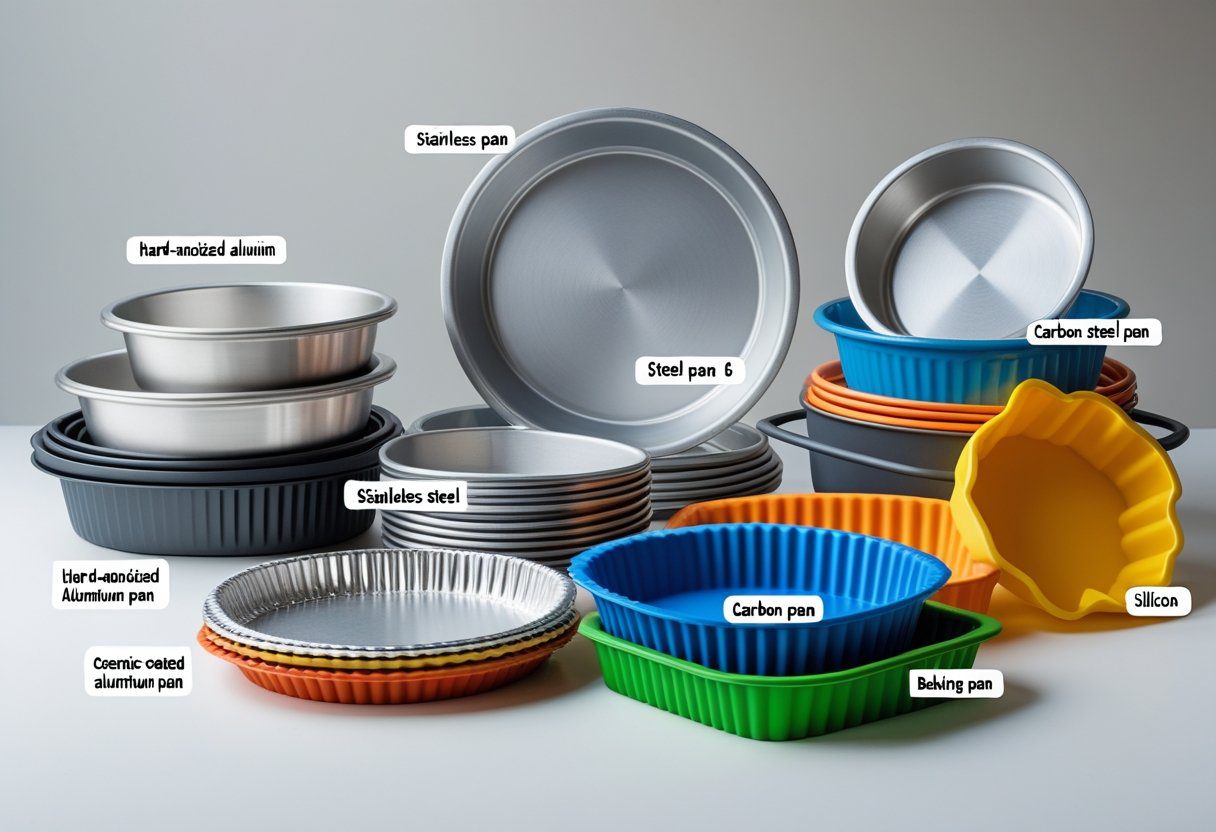 High-quality layout of best materials for non stick bakeware including hard-anodized aluminum, stainless steel, carbon steel, and ceramic-coated trays for safe bakeware selection