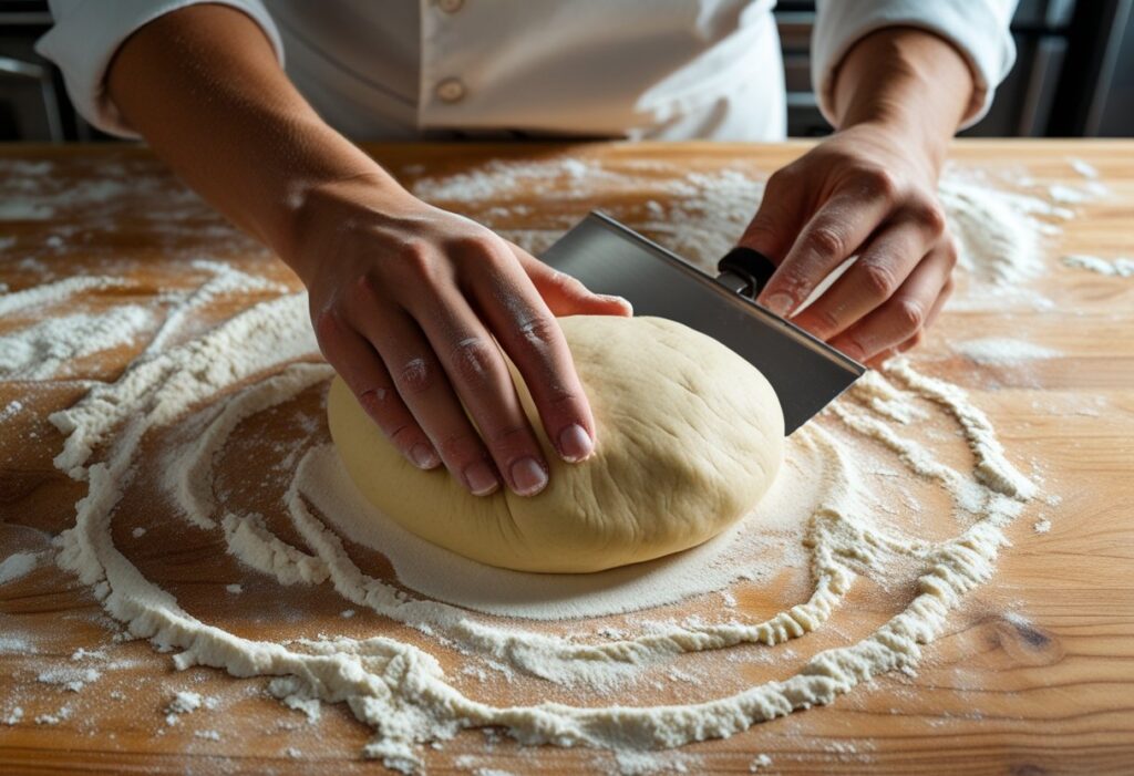 Home baker using a stainless steel dough scraper to shape smooth bread dough on a wooden counter, demonstrating how to use a dough scraper for baking, dough scraper techniques, and clean baking workflow.