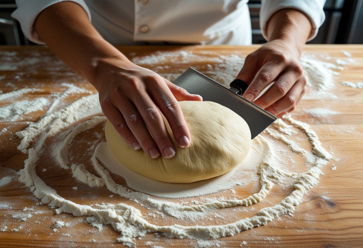 Home baker using a stainless steel dough scraper to shape smooth bread dough on a wooden counter, demonstrating how to use a dough scraper for baking, dough scraper techniques, and clean baking workflow.
