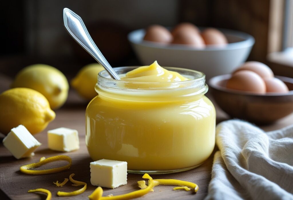 Jar of creamy golden Mary Berry lemon curd with spoon, fresh lemons, zest, butter, and eggs on wooden countertop, showcasing glossy texture