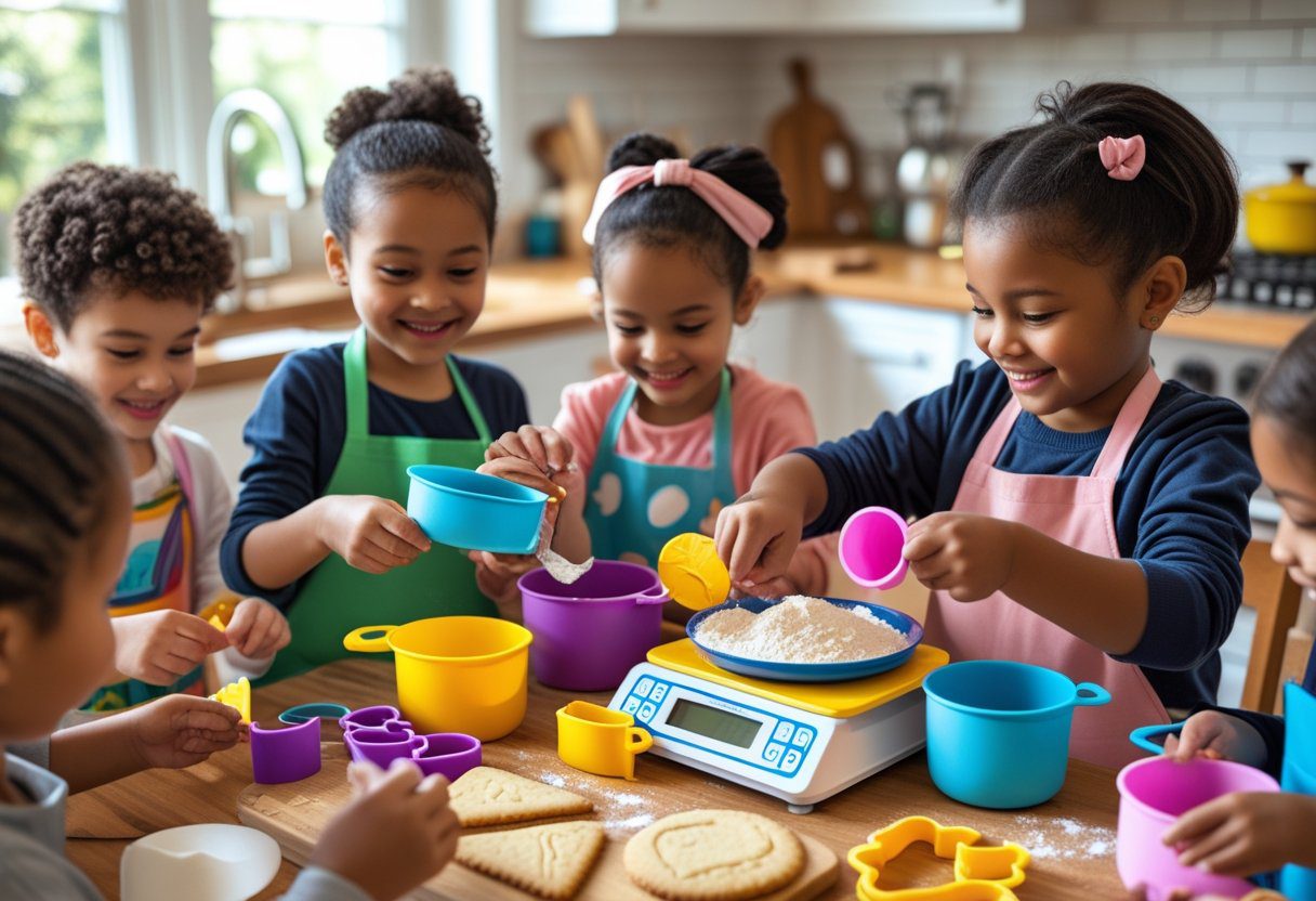 Kids using educational baking tools for kids like a kitchen scale, measuring jugs, and cookie cutters for kids to support early cooking skills development.