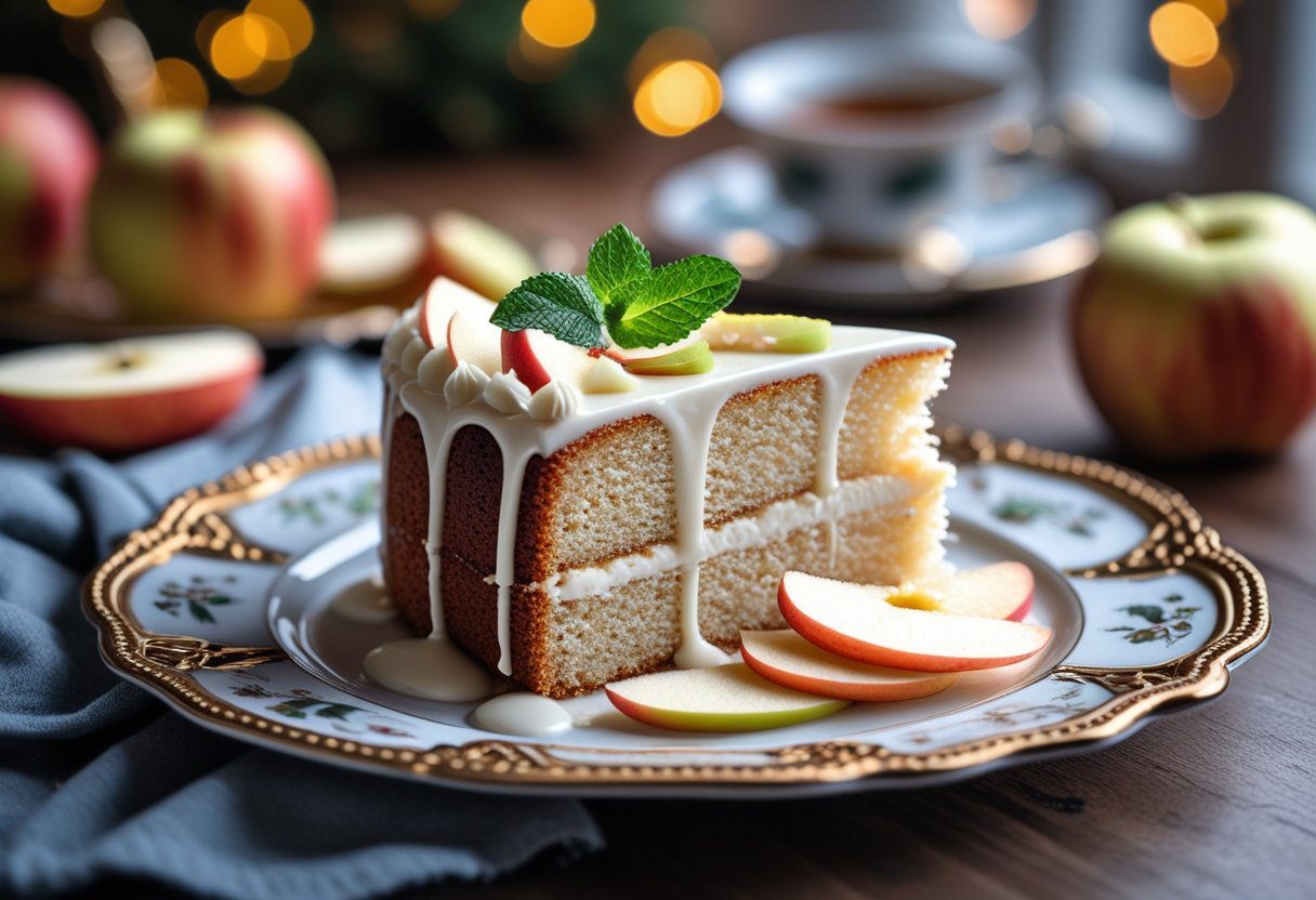 Mary Berry Apple and Almond Cake with cream or custard, an elegant dessert and perfect afternoon tea cake, featuring soft almond sponge and golden flaked almonds topping.