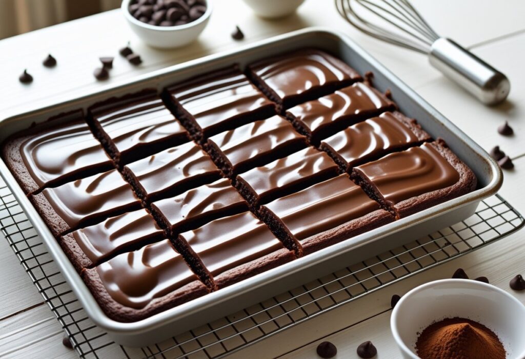 Mary Berry Chocolate Traybake Easy Delicious Recipe with moist soft chocolate sponge and smooth glacé icing, cut into squares, perfect for parties or family gatherings.