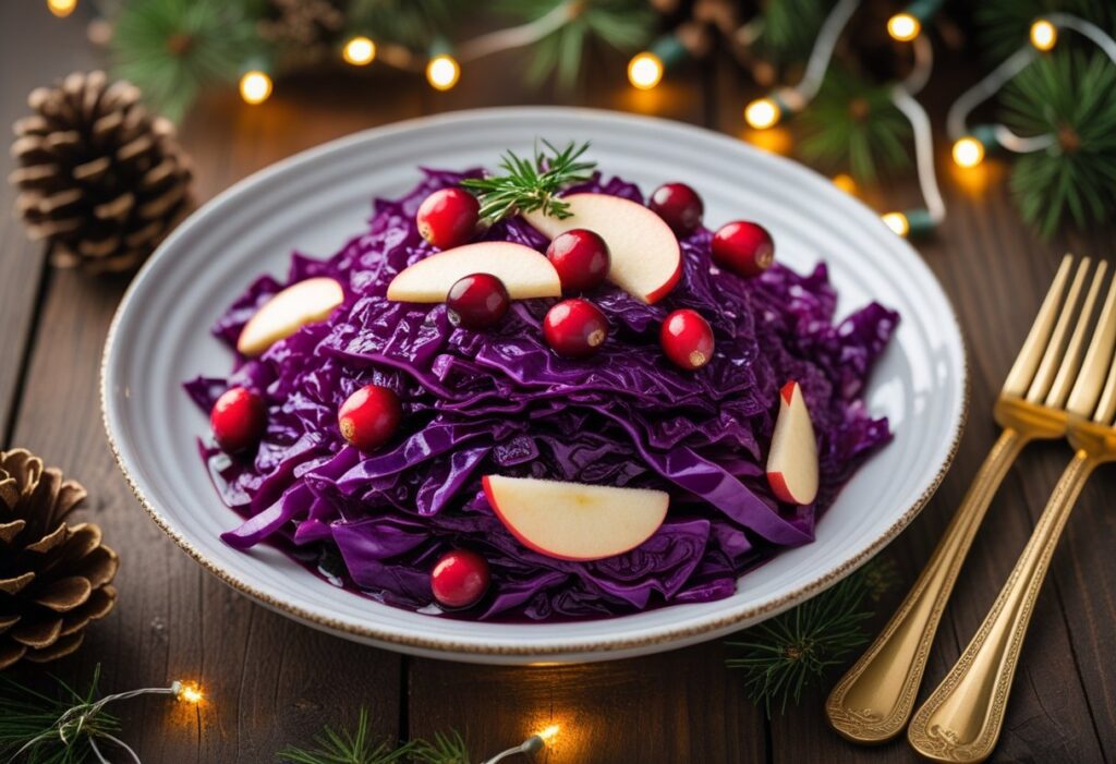 Mary Berry Christmas Red Cabbage Easy Recipe served on a festive plate with cranberries and apple slices, perfect holiday side dish