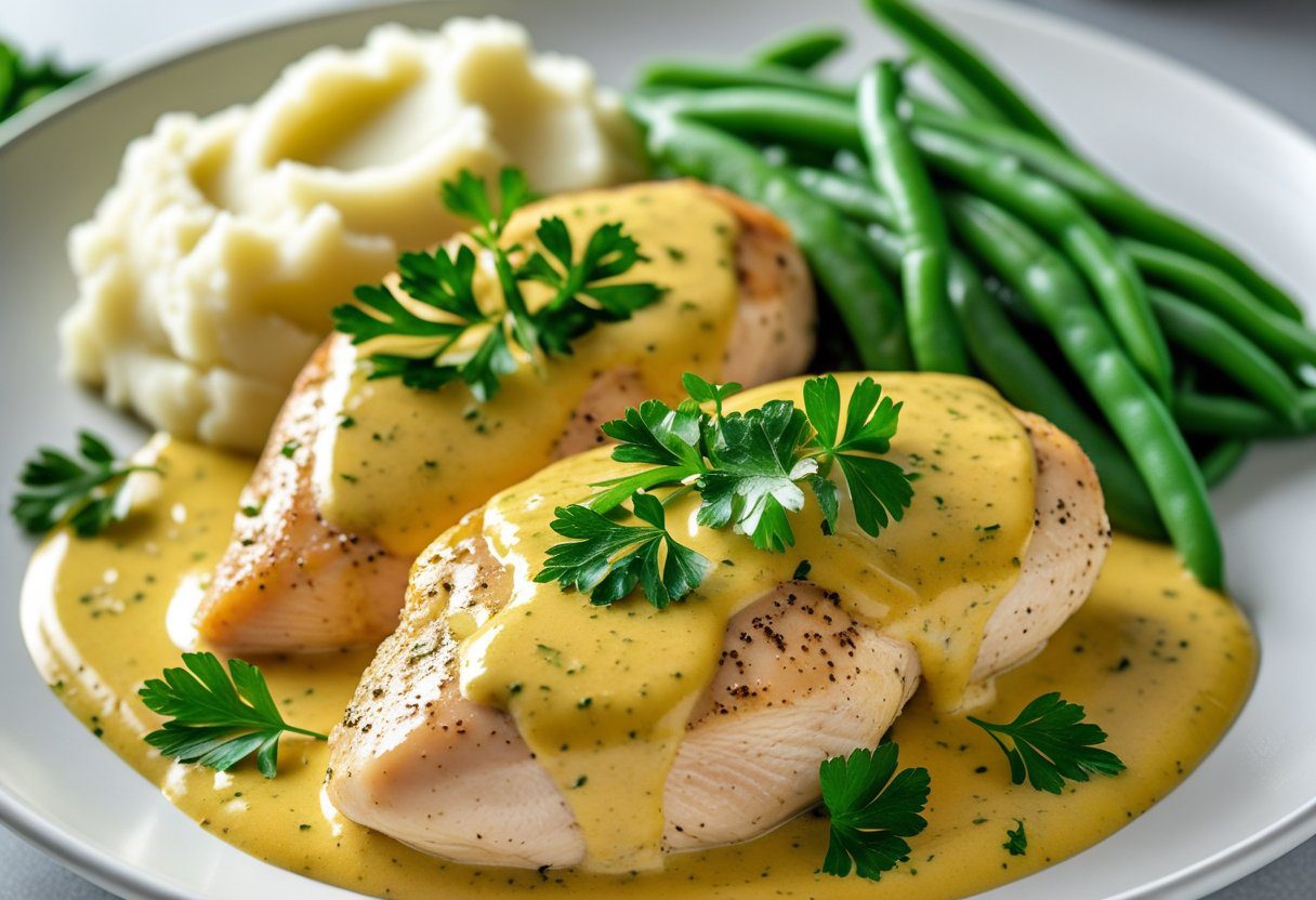 Mary Berry Dijon chicken in creamy mustard sauce with parsley garnish, served with mashed potatoes and green beans – easy French-inspired dinner recipe