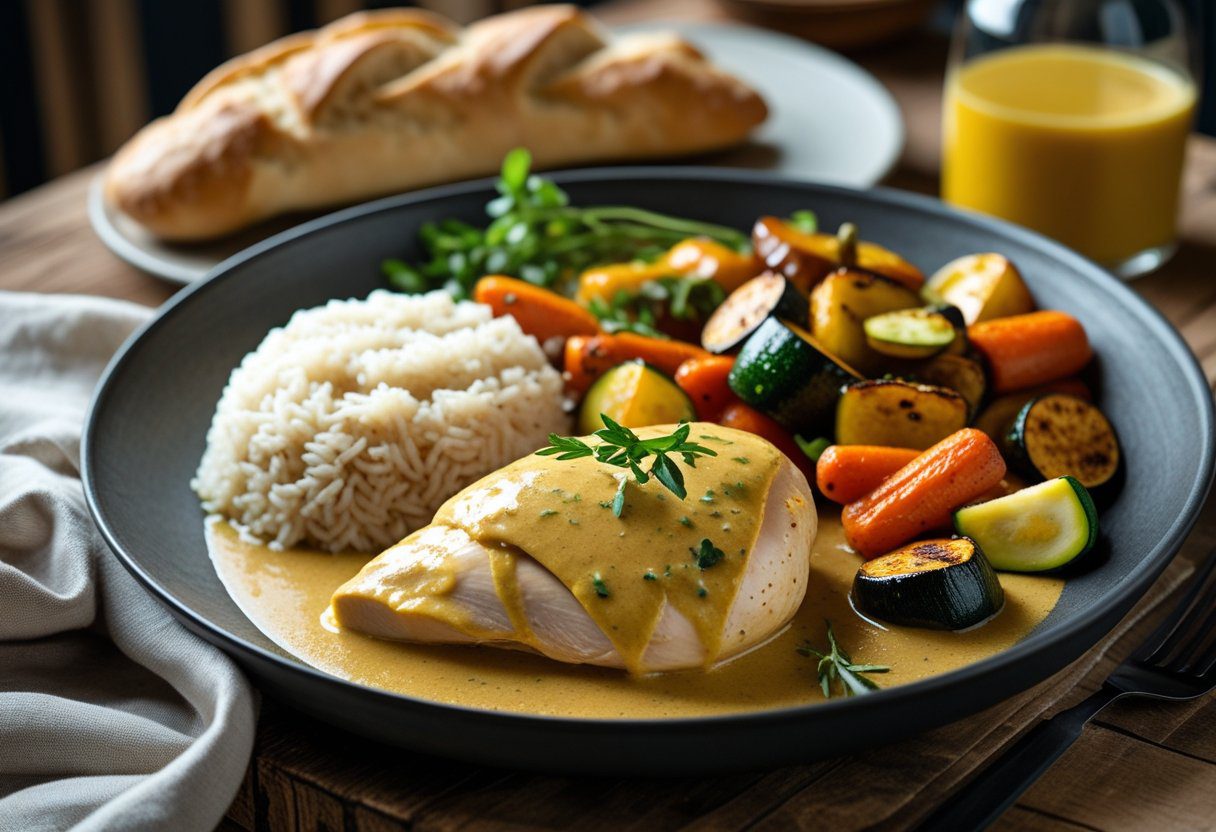 Mary Berry Dijon chicken with buttered rice, roasted vegetables, and crusty bread on rustic table – simple, flavorful dinner idea