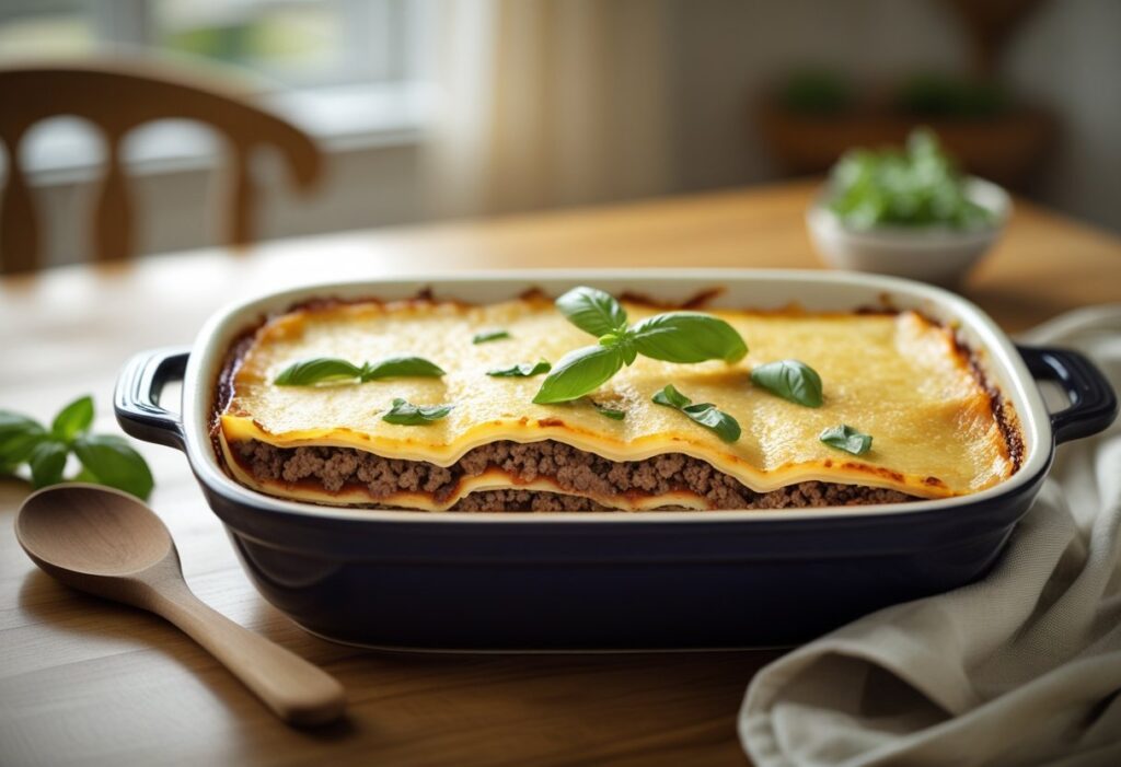 Mary Berry Easy Lasagne Recipe with Crème Fraîche in oven dish, layered beef mince lasagne topped with creamy crème fraîche and melted cheese, garnished with fresh basil, comfort food dinner at home