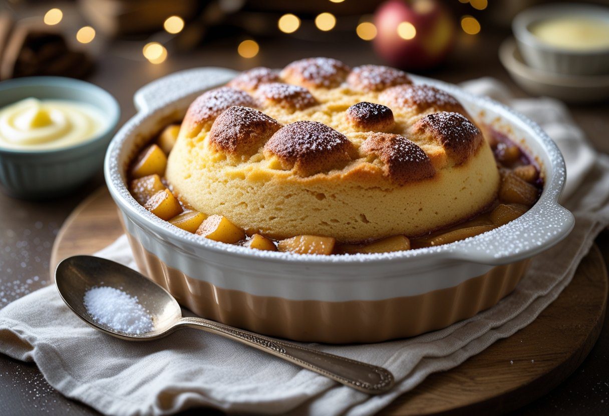 Mary Berry Eve’s Pudding with golden soft sponge and tender stewed apples in a shallow baking dish, served with custard – classic British dessert, easy apple pudding recipe.