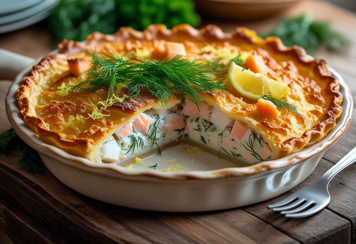 Mary Berry Fish Pie with crushed potato topping, creamy salmon, cod, and haddock filling garnished with fresh dill and lemon zest, served in a rustic ovenproof dish