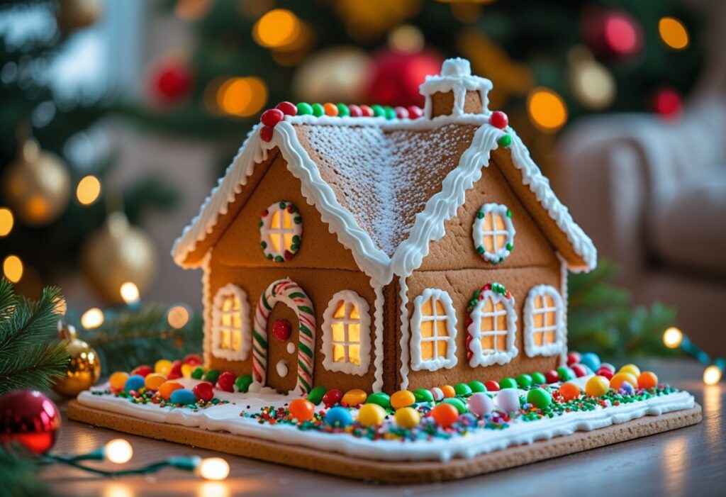 Mary Berry Gingerbread House Easy Recipe – Step-by-Step with crisp gingerbread walls, royal icing for gingerbread, candy decorations, snowy icing effects, and festive Christmas table setup