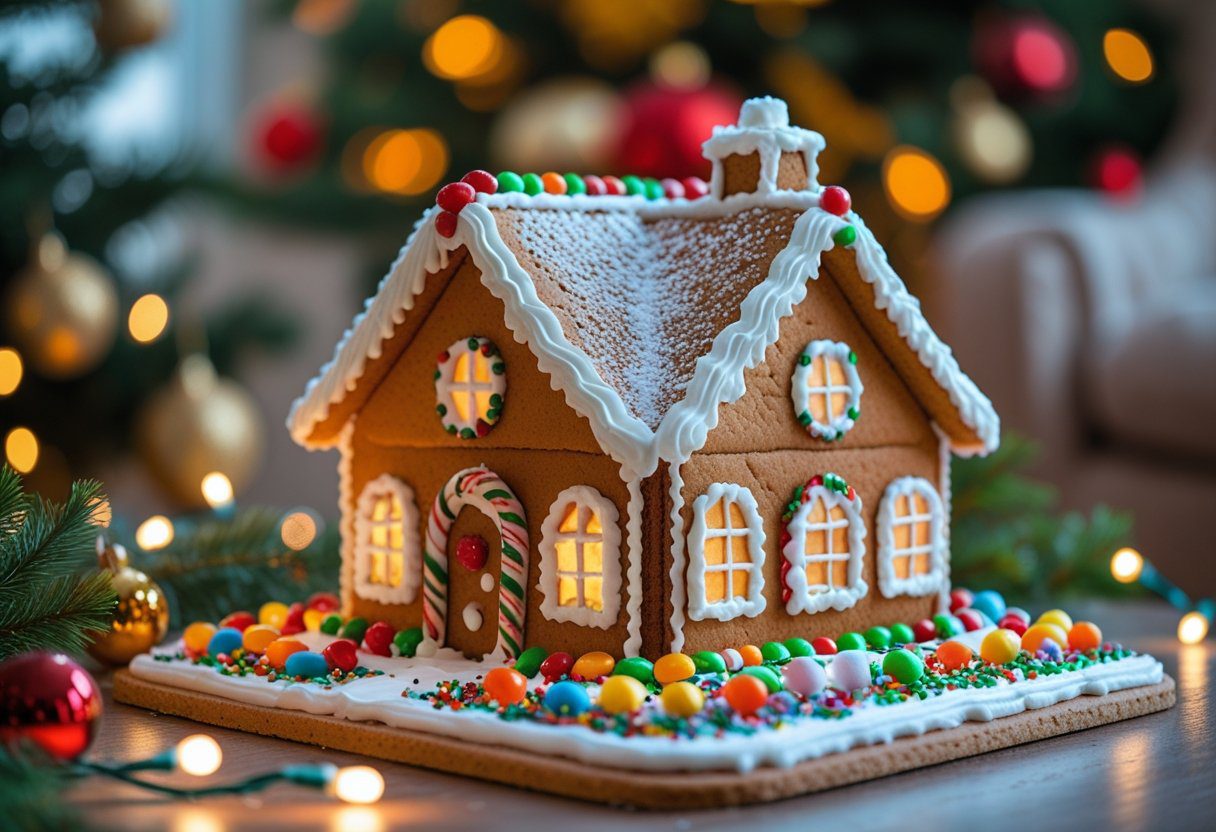 Mary Berry Gingerbread House Easy Recipe – Step-by-Step with crisp gingerbread walls, royal icing for gingerbread, candy decorations, snowy icing effects, and festive Christmas table setup