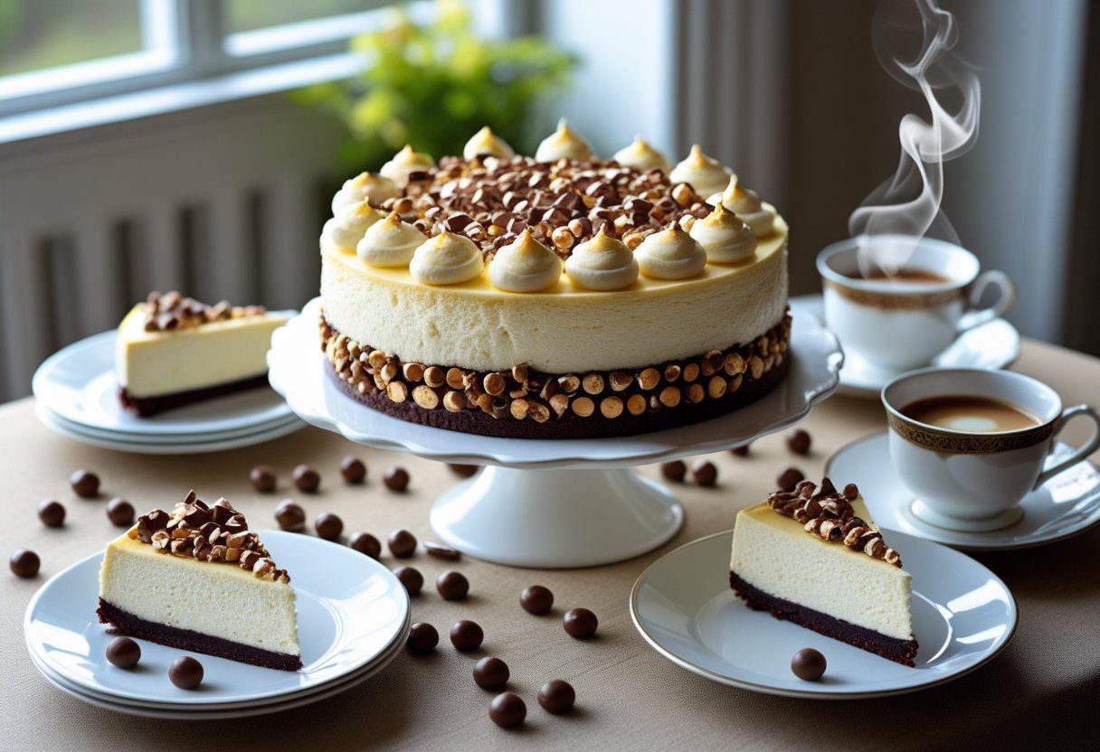 Mary Berry Malteser Cheesecake easy recipe displayed on a dessert table, sliced and served on plates, with coffee, tea, and extra Maltesers, styled for a cozy family gathering