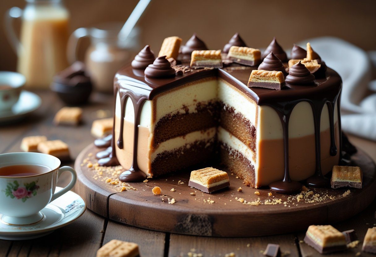 “Mary Berry Mars Bar Cake Easy Recipe sliced on a wooden board, showing gooey caramel and chocolate layers, crunchy biscuit base, milk chocolate topping, and chopped Mars bars, perfect no-bake chocolate dessert.”