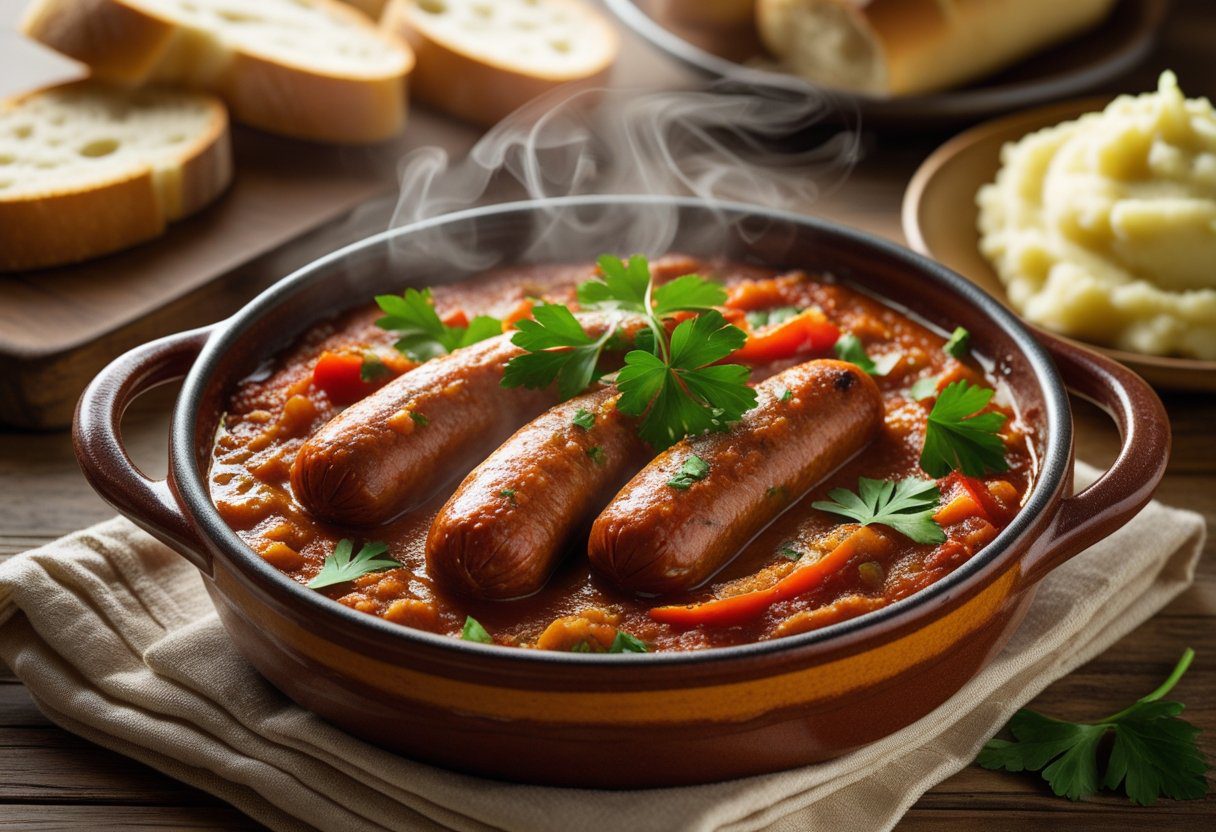 Mary Berry Sausage & Red Pepper Casserole with golden-brown sausages in rich tomato and red pepper sauce, garnished with parsley, served with mashed potatoes and crusty bread – easy British comfort food recipe.