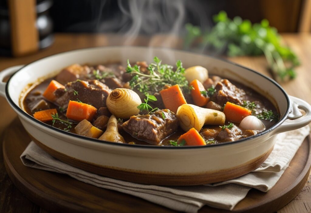 Mary Berry Venison Casserole Easy Bake Recipe with tender venison, root vegetables, rich gravy, and fresh thyme in rustic oven dish