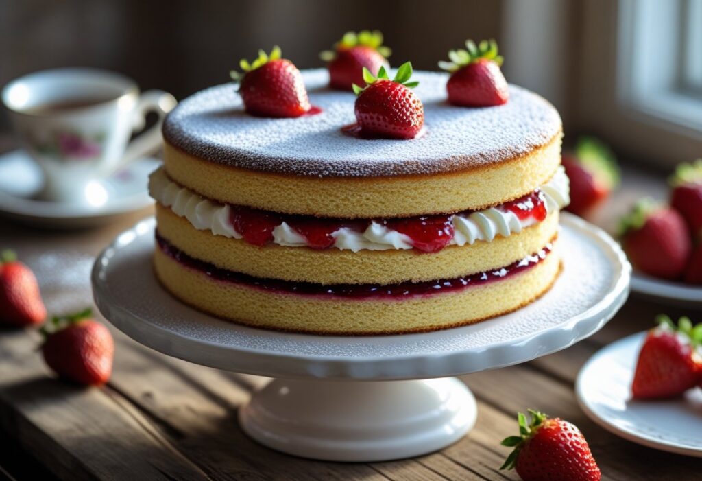 Mary Berry Victoria sponge cake with perfect rise, filled with strawberry jam and whipped cream, dusted with icing sugar, classic British afternoon tea cake on white cake stand.
